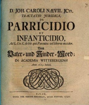 Tractatio iur. de parricidio et infanticidio : vom Vater- und Kinder-Mord ; anno 1683 habita