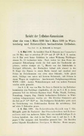 Bericht der Erdbeben-Kommission über die vom 1. März 1898 bis 1. März 1899 in Württemberg und Hohenzollern beobachteten Erdbeben