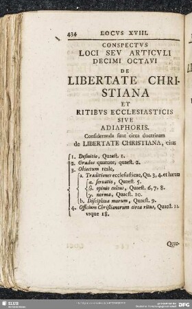 Locus XVIII. De Libertate Christiana Et Ritibus Ecclesiasticis Sive Adiaphoris
