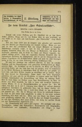 Zu dem Artikel "Zur Schulaufsicht" : Zillessen contra Dörpfeld