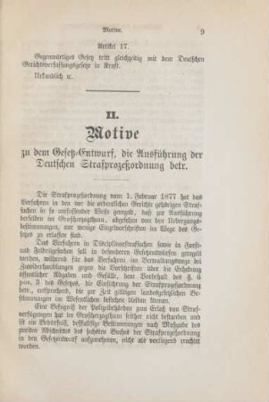 II. Motive zu dem Gesetzentwurf, die Ausführung der Deutschen Strafprozeßordnung betr.