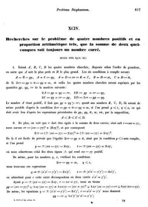 XCIV. Recherches sur le problème de quate nombres positifs et en proportion arithmétique tels, que la somme de deux quelconques soit toujours un nombre carré.