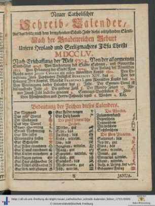 Neuer Catholischer Schreib-Kalender.