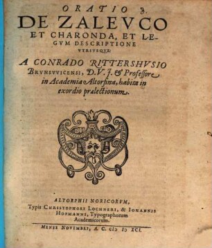 Oratio De Zalevco Et Charonda, Et Legvm Descriptione Vtrivsqve