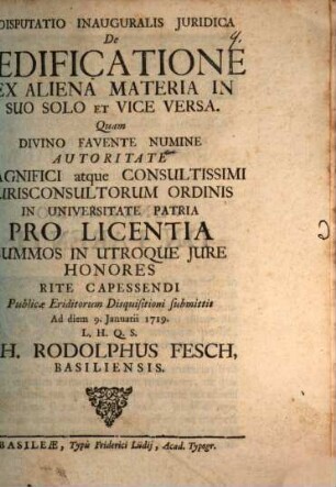 Disp. inaug. iur. de aedificatione ex aliena materia in suo solo, et vice versa