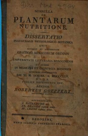 Nonnulla de plantarum nutritione : dissertatio inauguralis physiologico-botanica