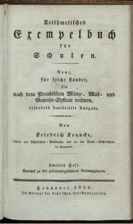 Heft 2: Arithmetisches Exempelbuch für Schulen. Zweites Heft