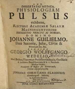 Dissertatio Medica, Physiologiam Pulsus exhibens