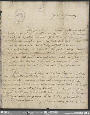 Eigenh. Brief von Guillaume Favre an August Wilhelm von Schlegel, Genf, 30.07.1819
