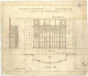 Pfann, Paul; München, Georgenstr.; Haus Schneider - Kamin im Vorplatz (Grundriss, Ansicht, Ansicht m. Schnitt)