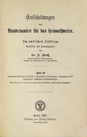 Entscheidungen des Bundesamtes für das Heimatwesen. 29. 1896/97 (1897), 1. Sept. - 1. Sept.