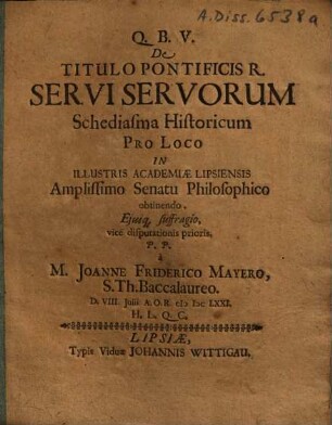 De Titulo Pontificis R. Servi Servorum Schediasma Historicum