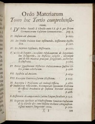 Ordo Materiarum Tomo hoc Tertio comprehensarum