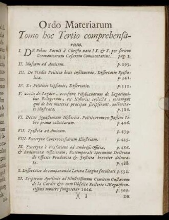 Ordo Materiarum Tomo hoc Tertio comprehensarum
