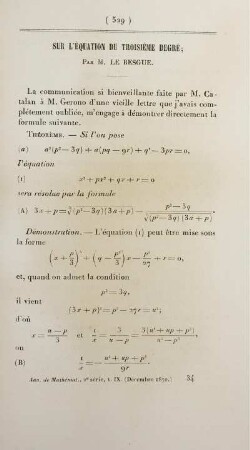 Sur léquation du troisème degré.
