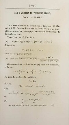 Sur léquation du troisème degré.