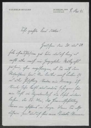 Brief von Wilhelm Buller an Margarete Hauptmann