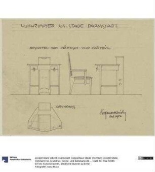 Darmstadt, Doppelhaus Stade, Wohnung Joseph Stade, Wohnzimmer, Grundriss, Vorder- und Seitenansicht des Nähtisches sowie Seitenansicht des Sessels