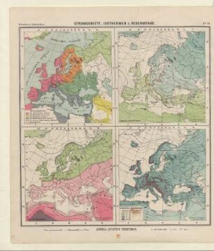 Stromgebiete, Isothermen u. Regenmenge; Stromgebiete; Januar-Isothermen; Juli-Isothermen; Jährliche Regenmenge und Jahres-Isothermen