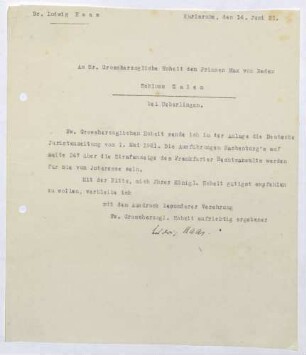 Schreiben von Ludwig Haas an Prinz Max von Baden; Zusendung einer Ausgabe der Deutschen Juristenzeitung vom 01.05.1921