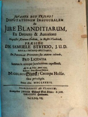 Disputationem Inauguralem De Jure Blanditiarum, Ex Decreto & Autoritate