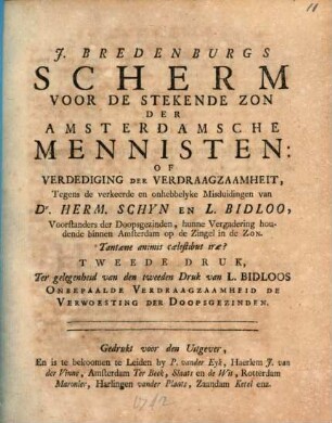 Scherm voor de stekende zon der Amsterdamsche Mennisten: ... tegens ... H. Schyn en L. Bidloo : Schijn
