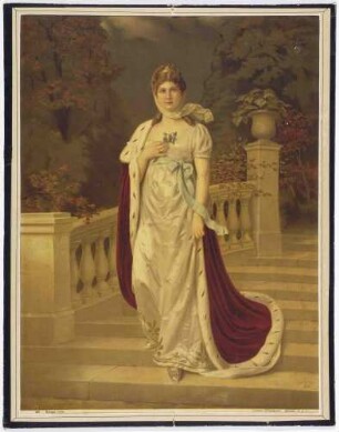 Königin Luise von Preußen stehend auf Schlosstreppe im Park mit Hermelinmantel und weissem Seidenkleid
