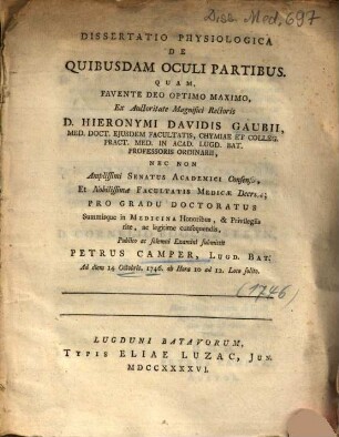Dissertatio Physiologica De Quibusdam Oculi Partibus