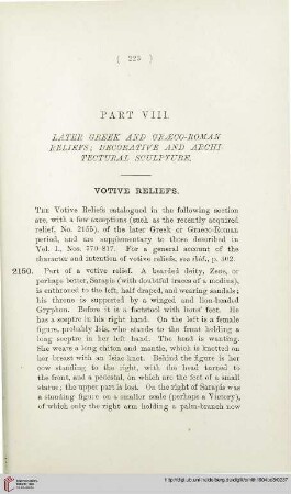 Part VIII: Later Greek and Graeco-Roman Reliefs; decorative and architectural sculpture