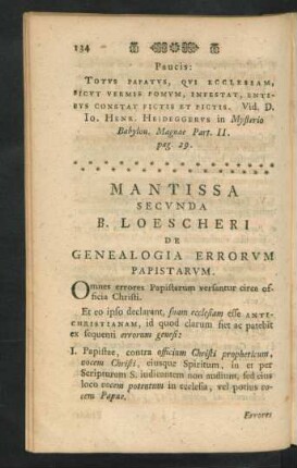 Mantissa Secunda B. Loescheri De Genealogia Errorum Papistarum