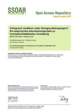 Erfolgreich studieren unter Bologna-Bedingungen? Ein empirisches Interventionsprojekt zu hochschuldidaktischer Gestaltung