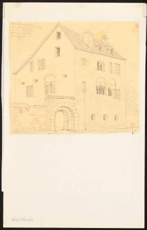 Altes romanisches Haus am oberen Lahnufer, Niederlahnstein (1854 abgerissen): Durchzeichnung?: Perspektivische Straßenansicht mit Drillingsfenster und Torbogen