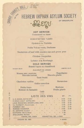 Menükarte : Grand Charity Ball of the Hebrew Orphan Asylum Society