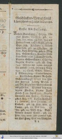 Geschlechts-Verzeichniß der herrschenden Häuser in Europa. Erste Abtheilung.