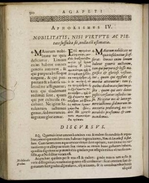 Aphorismus IV. Nobilitatis, Nisi Virtute Ac Pietate suffulta sit, nulla est æstimatio.