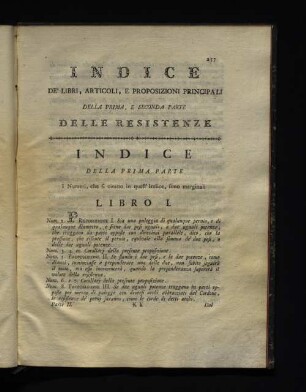 Indice de´ libri, articoli, e proposizioni principali della prima, e seconda parte delle resistenze