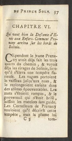 Chapitre VI. Qui vaut bien la Descente d'Enée aux Enfers. Comment Prenany arriva sur les bords de Solinie.