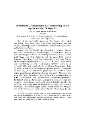Meumanns "Vorlesungen zur Einführung in die experimentelle Pädagogik" : (Schluß)