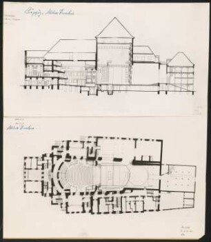 Altes Theater, Leipzig: Grundriss und Längsschnitt