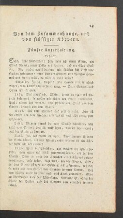Von dem Zusammenhange, und von fluessigen Koerpern. Fuenfte Unterhaltung.