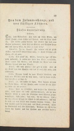 Von dem Zusammenhange, und von fluessigen Koerpern. Fuenfte Unterhaltung.