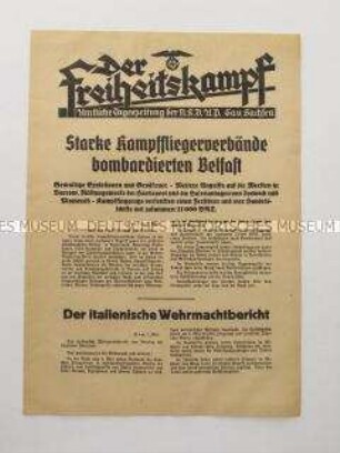 Nachrichtenblatt der sächsischen NSDAP-Zeitung "Der Freiheitskampf" über den deutschen Luftangriff auf die schottische Hafenstadt Belfast