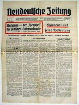 Völkische Wochenzeitung "Neudeutsche Zeitung" mit antisemitischer Polemik gegen Rathenau