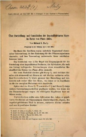 Über Darstellung und Constitution der krystallisirbaren Säure im Harze von Pinus Abies : vorgelegt in der Sitzung am 4. Juli 1861