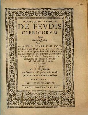 Dispvtatio Ivridica De Fevdis Clericorvm