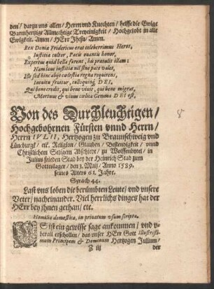 Von des Durchleuchtigen/ Hochgebohrnen Fürsten unnd Herrn/ Herrn Iulii, Hertzogen zu Braunschweig und Lüneburgk ...