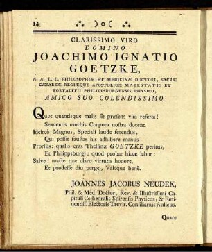 Clarissimo Viro Domino Joachimo Ignatio Goetzke ...