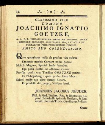 Clarissimo Viro Domino Joachimo Ignatio Goetzke ...
