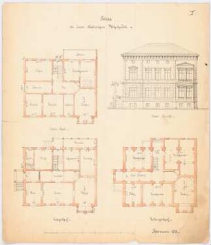 Städtisches Wohnhaus: Grundrisse KG, EG, 1. OG, Vorderansicht