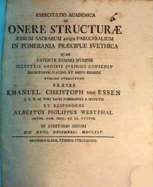 Exercitatio acad. de onere structurae aedium sacrarum atque parochialium in Pomerania praecipue Suethica